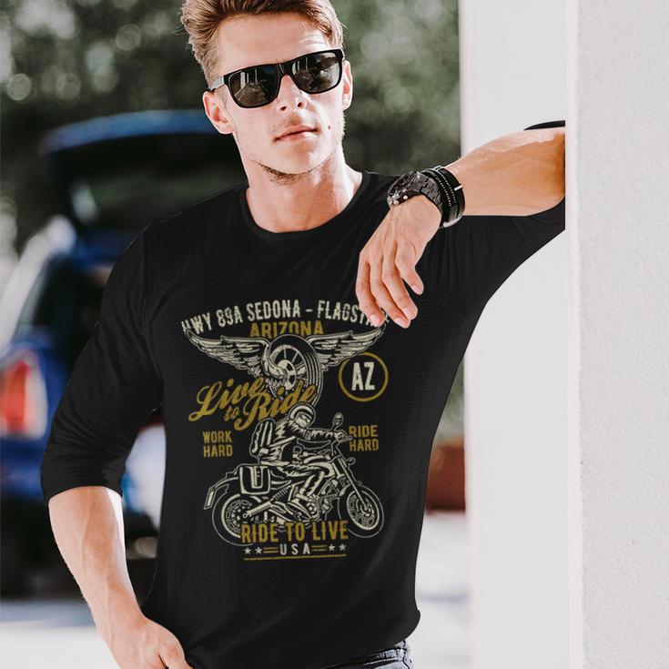 Hwy 89A セドナ フラッグスタッフ Azusa オートバイ アンティーク調デザイン 長袖Tシャツ 彼への贈り物