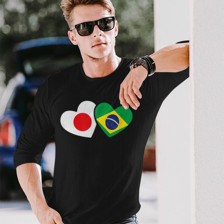 Japanese Flag Brazilian Flag Heart 日系ブラジルブラジル国旗日本国旗 長袖Tシャツ 彼への贈り物