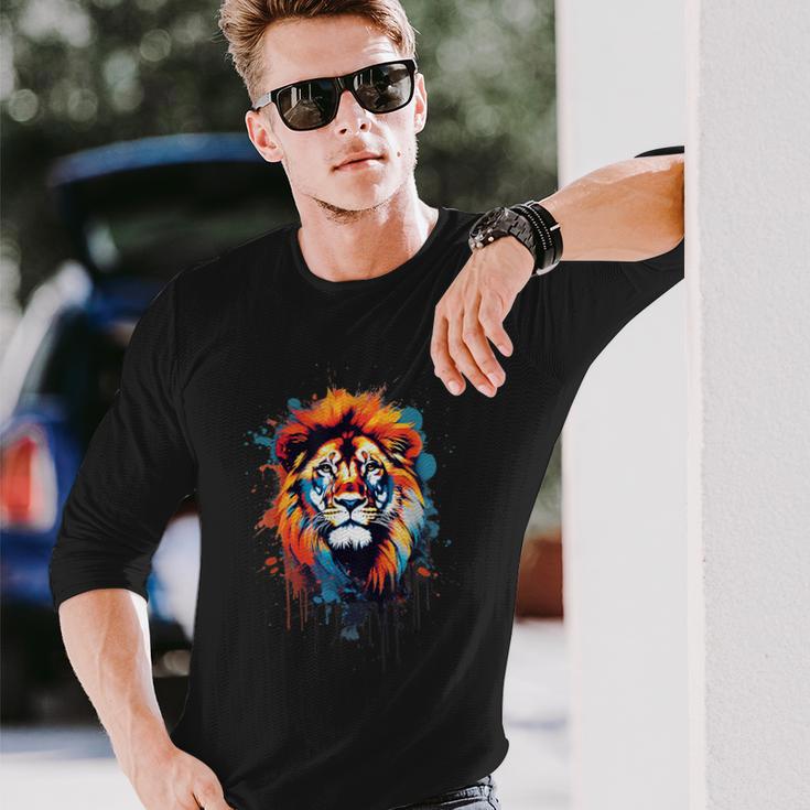 Strong Regal Lion Magestic Lion クールカラフルライオンステンシル 長袖Tシャツ 彼への贈り物