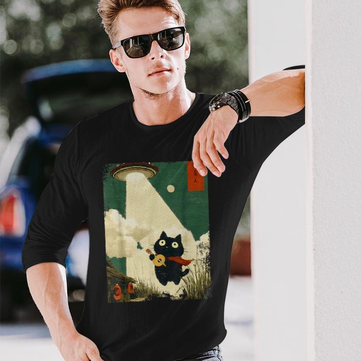 おもしろい 日本猫誘拐 エイリアン Ufo ギター ウクレレ 音楽 長袖Tシャツ 彼への贈り物