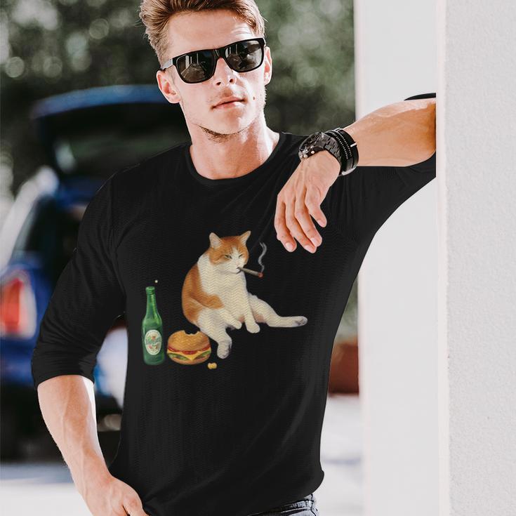 おもしろ猫 喫煙 ジョイント ビール タバコ キティ Gen Z ミーム 長袖Tシャツ 彼への贈り物