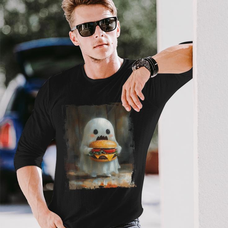 かわいい ハンバーガー おばけ 食べる ハンバーガー ハロウィン 食べ物 恋人 長袖Tシャツ 彼への贈り物
