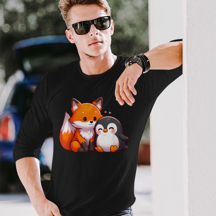 かわいいキツネとペンギンのデザイン 長袖Tシャツ 彼への贈り物