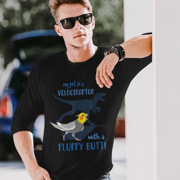 わたしのペットはふわふわお尻オカメインコの鳥を持ったベロキラプトル 長袖Tシャツ 彼への贈り物