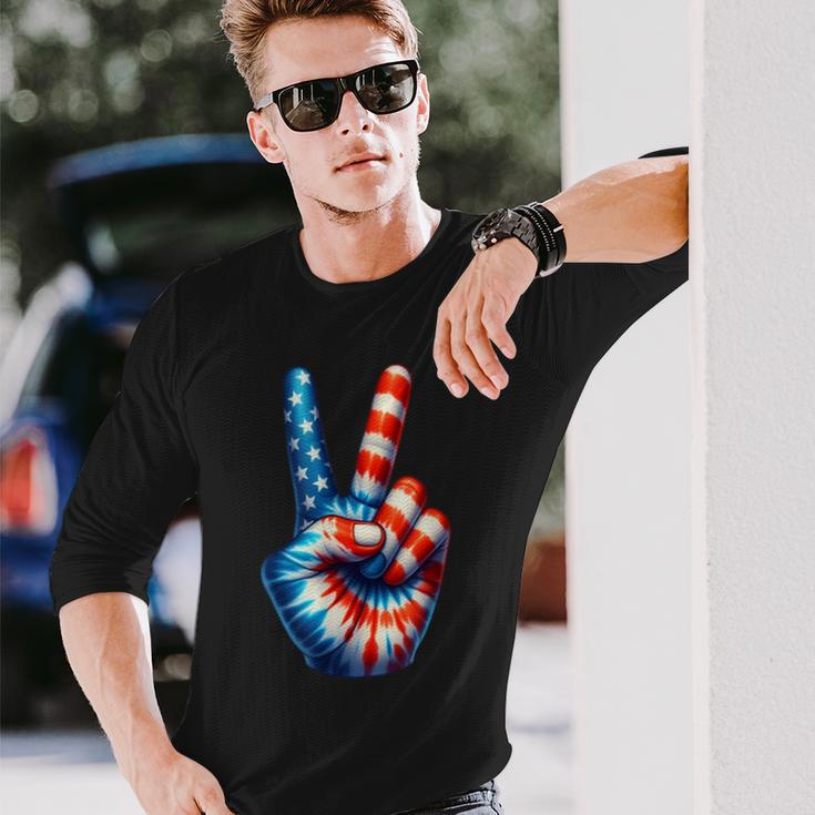 アメリカ国旗 愛国心 平和 手 指 サイン ジェスチャー 長袖Tシャツ 彼への贈り物