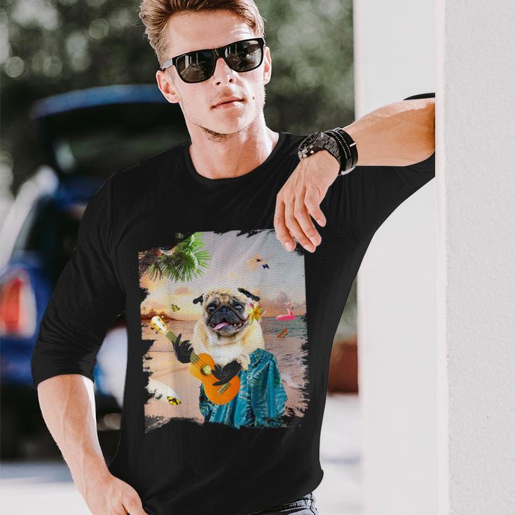 アロハ ハワイアン 犬 パグ ウクレレ ビーチ ファニー 長袖Tシャツ 彼への贈り物