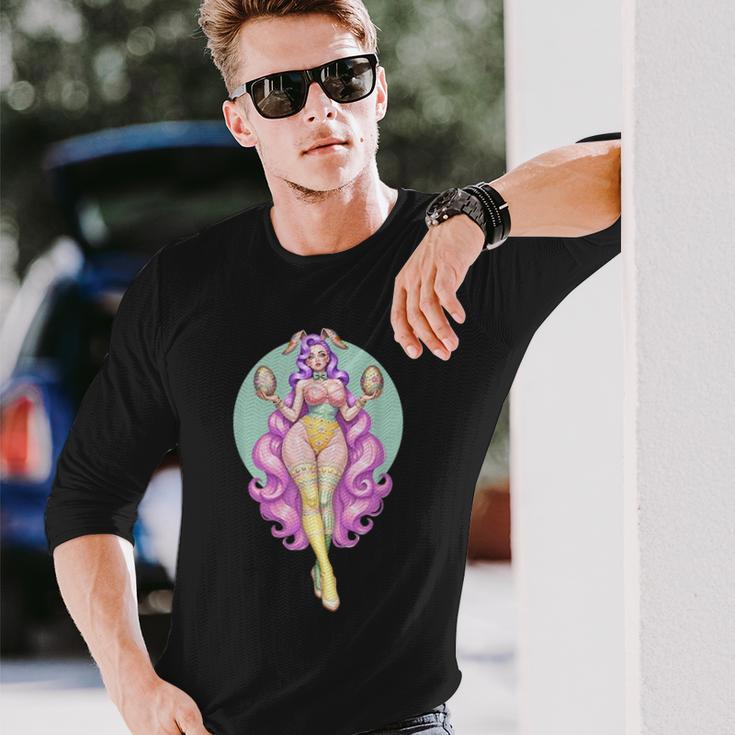 イースターエッグ ウサギ ヴィンテージ ピンナップ バニー スーツ ファンタジーガール 長袖Tシャツ 彼への贈り物