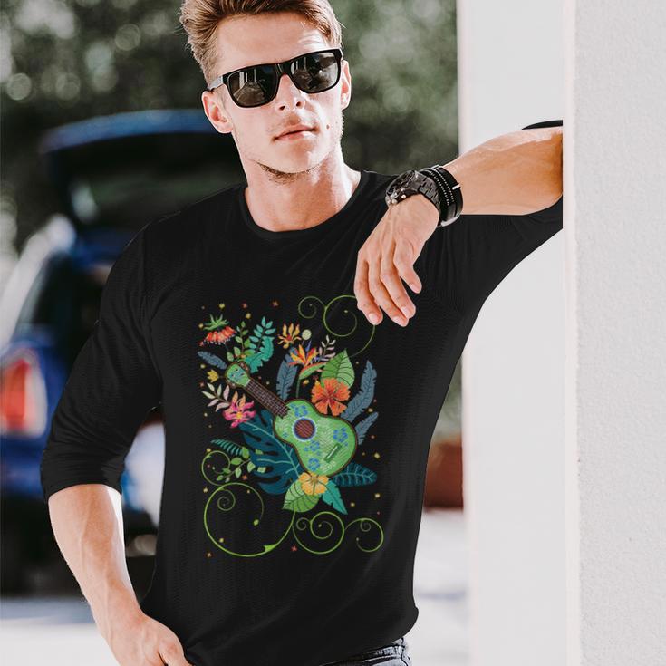 ウクレレミュージックフラワーズハワイ 長袖Tシャツ 彼への贈り物