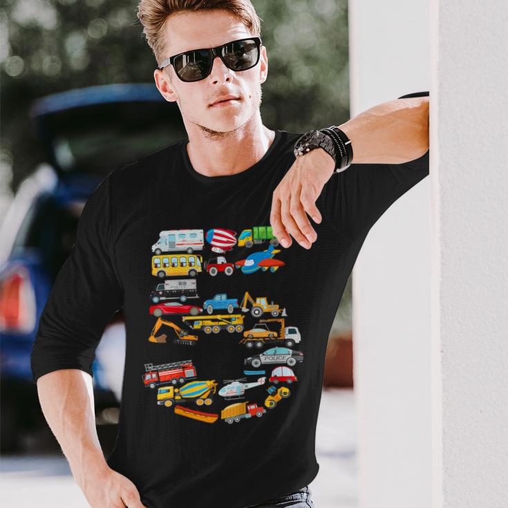 キッズ 男の子の車、消防車の5歳の誕生日 長袖Tシャツ 彼への贈り物