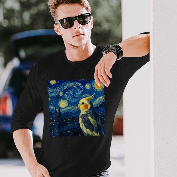 ゴッホの星空を見つめるかわいいオカメインコ 星月夜 長袖Tシャツ 彼への贈り物