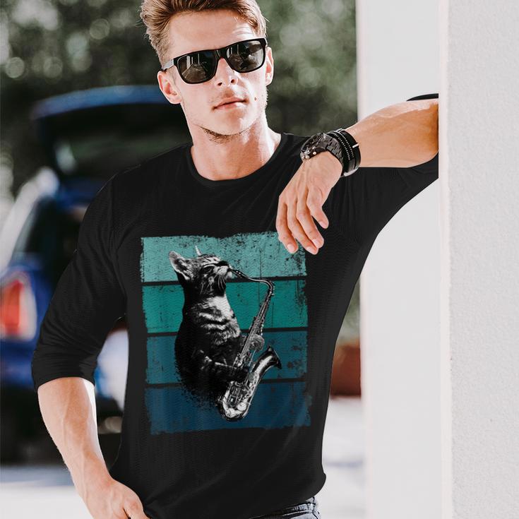 サックスを奏でる猫 ヴィンテージ 猫 ジャズ サックス 音楽 サックス 長袖Tシャツ 彼への贈り物
