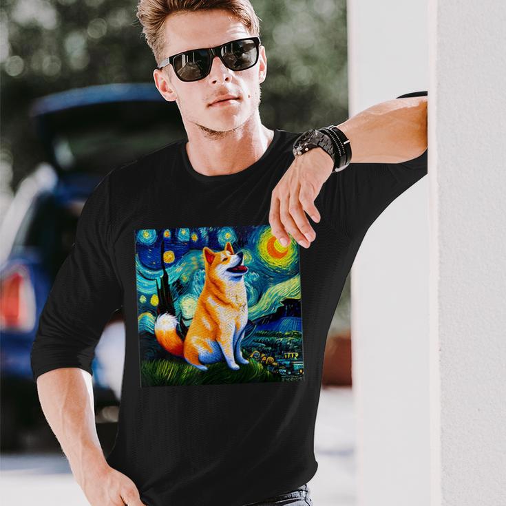 シバイヌ 面白いtシャツ 柴犬 犬 ゴッホ 星月夜 かわいい メンズ 子供 おもしろ 服 グッズ ネタ 長袖Tシャツ 彼への贈り物