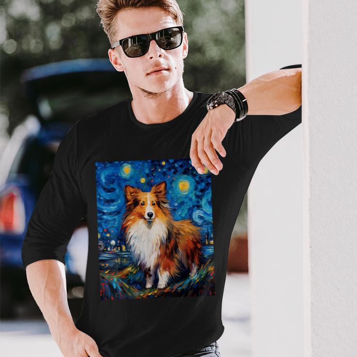 シュールな星月夜シェルティドッグ 長袖Tシャツ 彼への贈り物