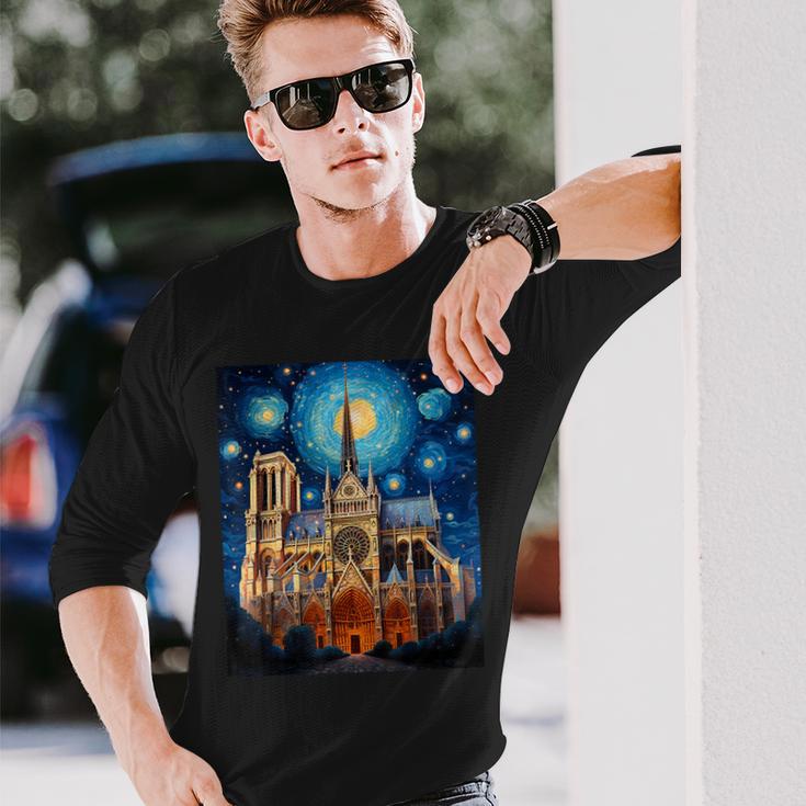 シュールレアリスム 星月夜 ノートルダム大聖堂 長袖Tシャツ 彼への贈り物
