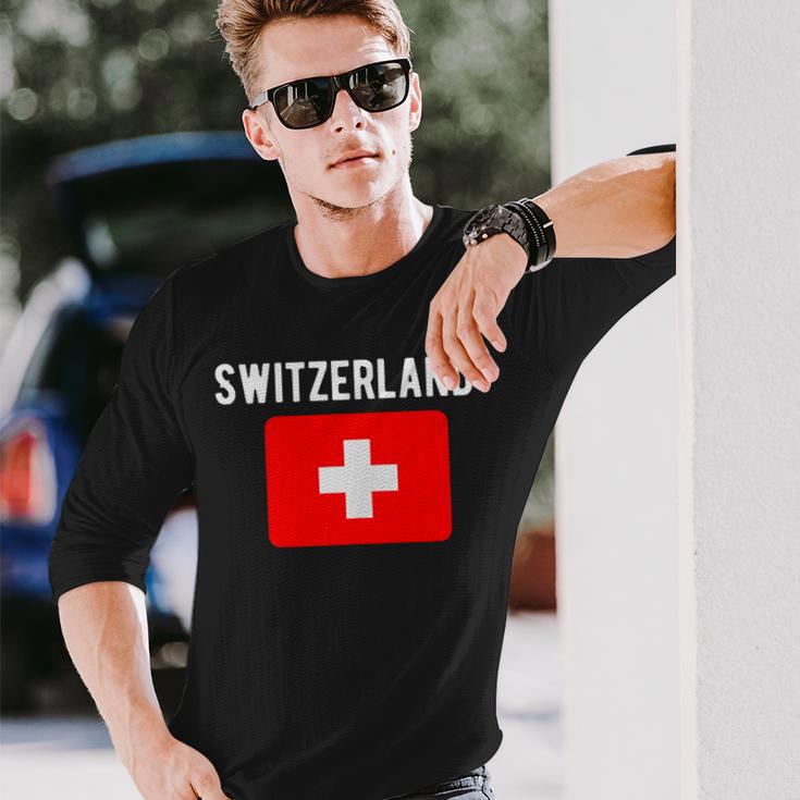 スイス国旗 スイス国地図フラッグ 長袖Tシャツ 彼への贈り物