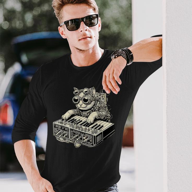 スチームパンク 猫 演奏 シンセサイザー シンセ 子猫 テクノミュージック 長袖Tシャツ 彼への贈り物
