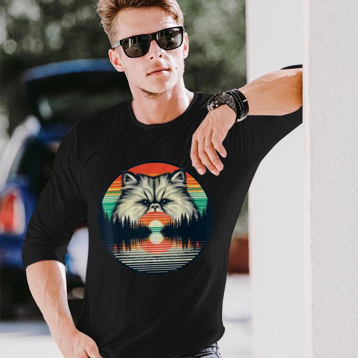 チンチラ ペルシャ猫 夕日 レトロスタイル ヴィンテージ 80年代 70年代 長袖Tシャツ 彼への贈り物