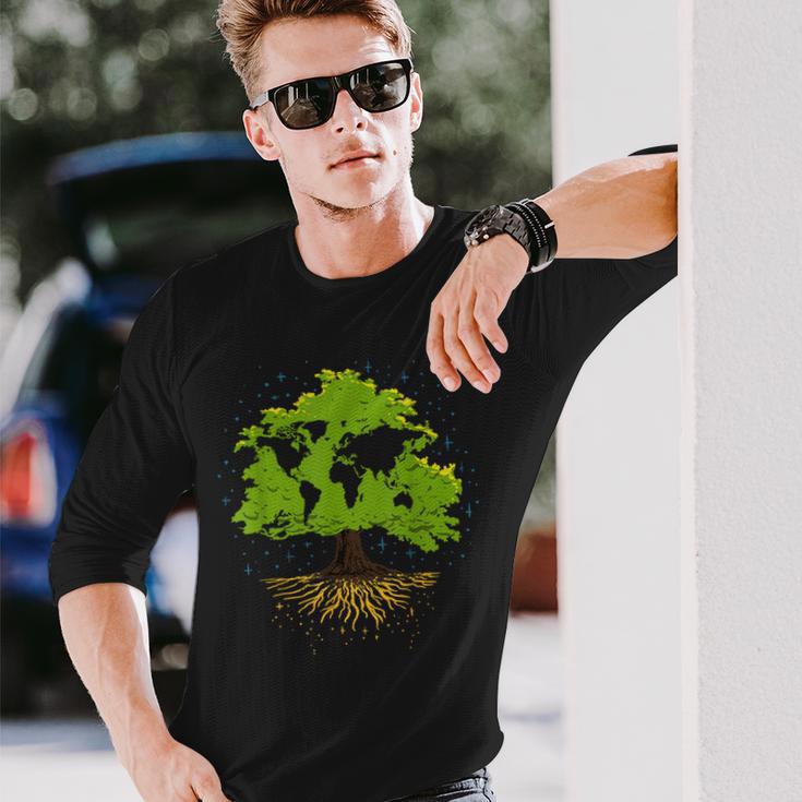 ツリー世界地図自然愛好家アーボリスト庭師 長袖Tシャツ 彼への贈り物