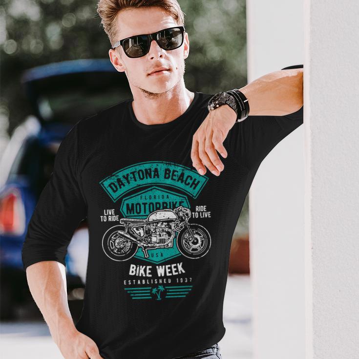 デイトナビーチ フロリダ アンティーク調オートバイデザイン 長袖Tシャツ 彼への贈り物