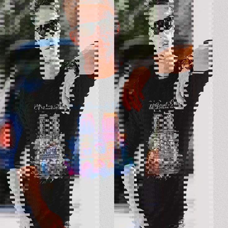 ノートルダム大聖堂 水彩画 長袖Tシャツ 彼への贈り物