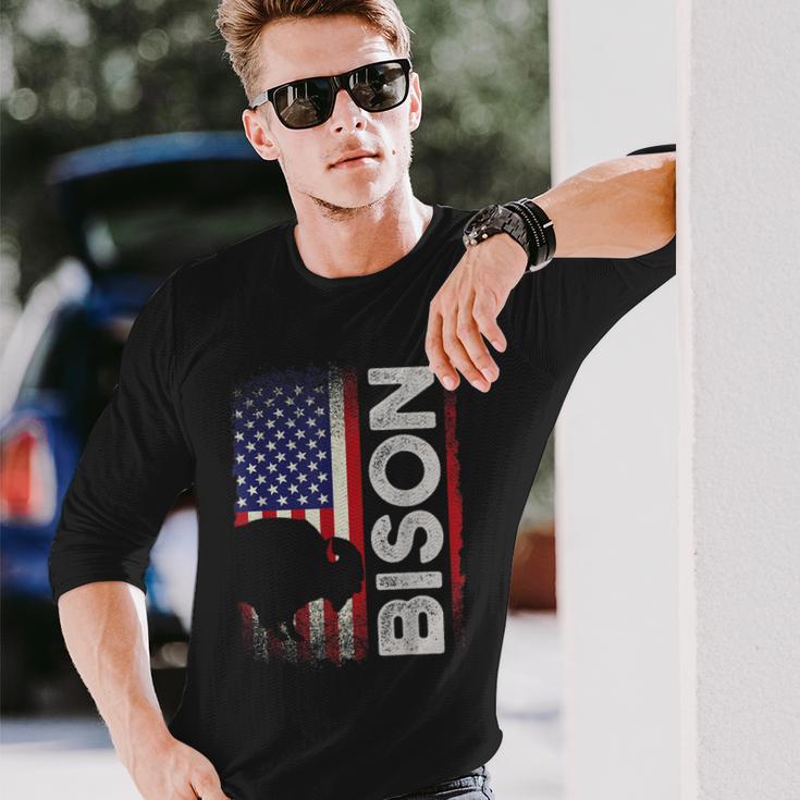 ハンティング アメリカンバイソン クリエイティブ ユーズド加工 アメリカ国旗 ハンター 長袖Tシャツ 彼への贈り物