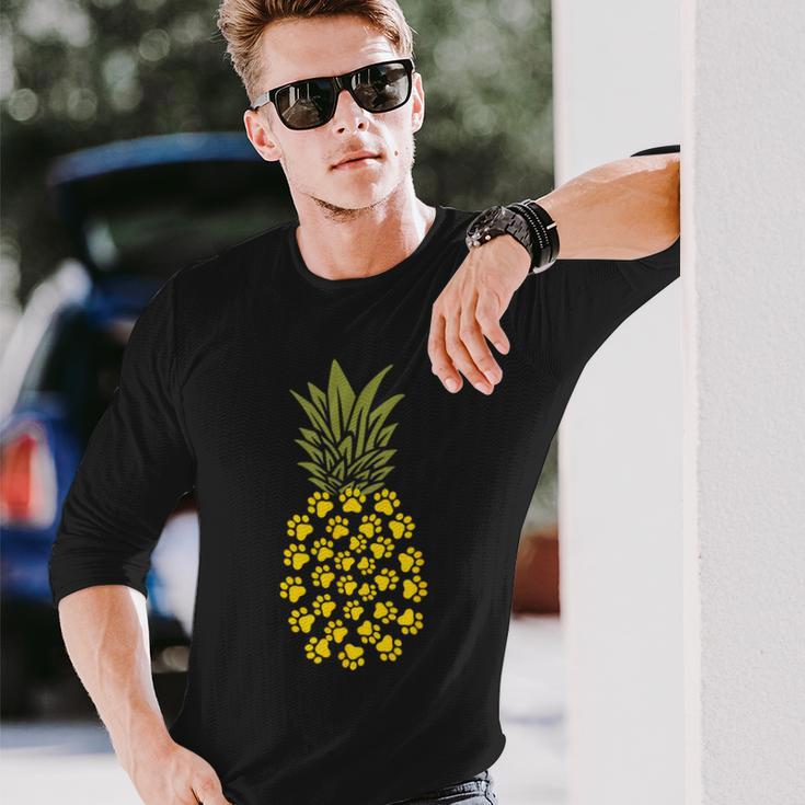パイナップル猫の肉球プリント 長袖Tシャツ 彼への贈り物