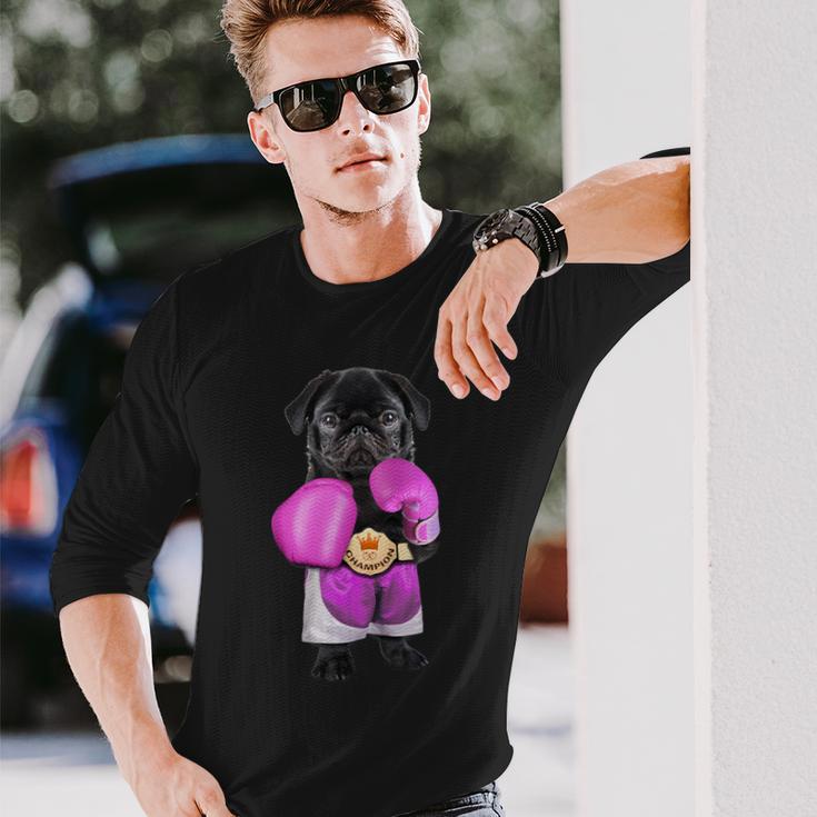 パグ犬ボクシング面白いフィットネスジムワークアウト 長袖Tシャツ 彼への贈り物