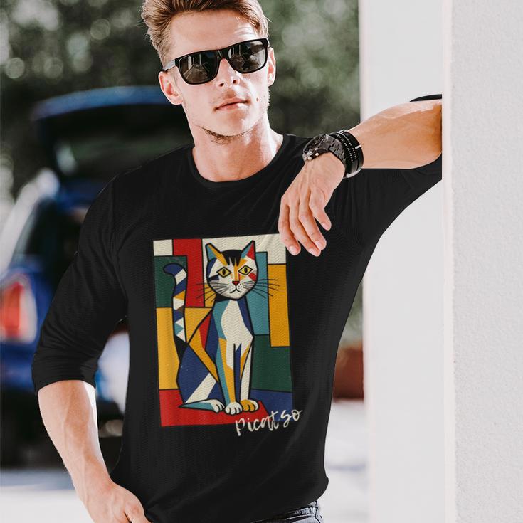 ピカソ猫 – ヴィンテージキュビズムアート風デザイン 長袖Tシャツ 彼への贈り物