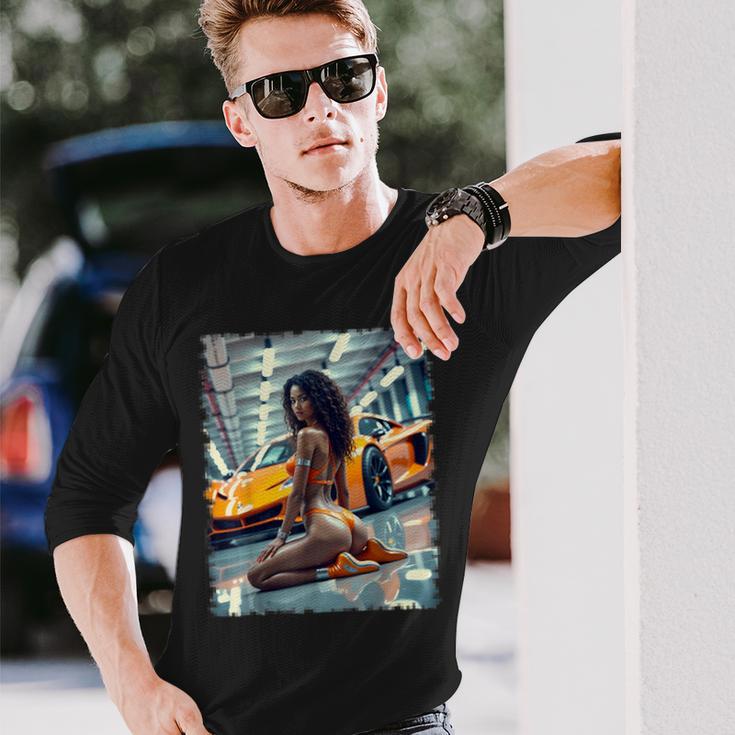 ピンナップガールtシャツ 男性用 ブラックピンナップガール&エキゾチックカー 長袖Tシャツ 彼への贈り物