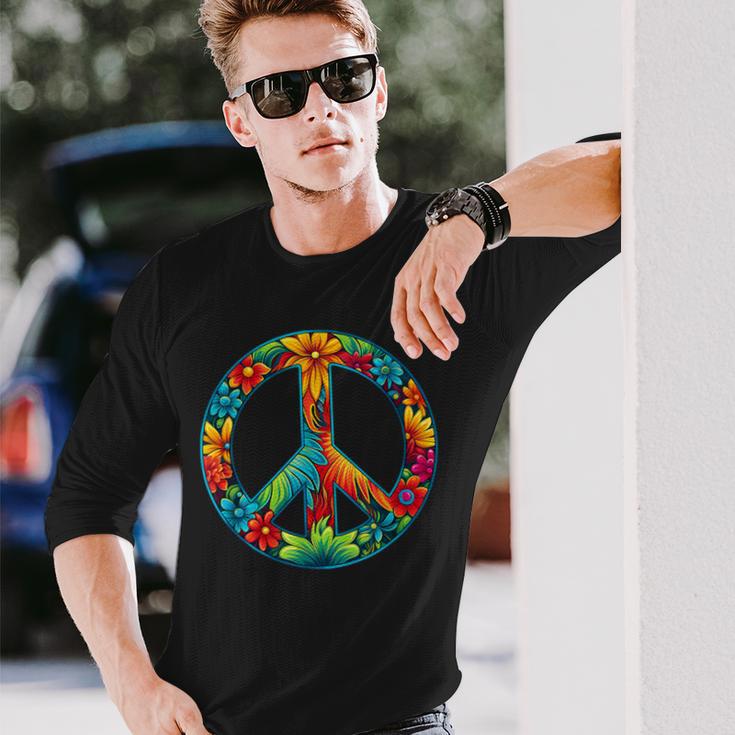 ピースマーク レトロフラワーデザイン ピースサイン 長袖Tシャツ 彼への贈り物