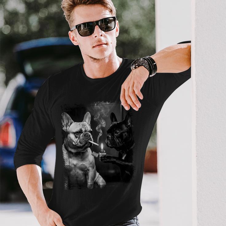 フレンチブルドッグ 喫煙犬 ライター モノクロアート 長袖tシャツ 長袖Tシャツ 彼への贈り物