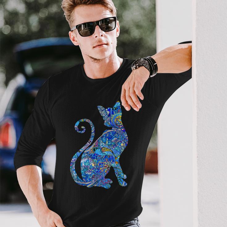 ブルー ペイズリーキャット 長袖Tシャツ 彼への贈り物