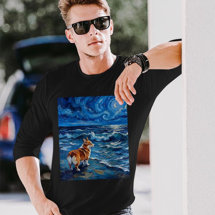 ペンブローク ウェールズ コーギー 犬 星月夜 ビーチ アートワーク 長袖Tシャツ 彼への贈り物