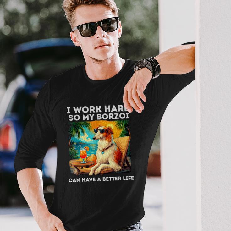 ボルゾイ・ラヴァー・アイ・ワーク・ハード・デザイン・ファニー・ボルゾイ・ドッグ 長袖Tシャツ 彼への贈り物