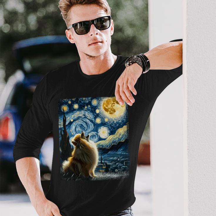 ポメラニアン 犬 イヌアート ゴッホ 星月夜 ポメラニアン 長袖tシャツ 長袖Tシャツ 彼への贈り物