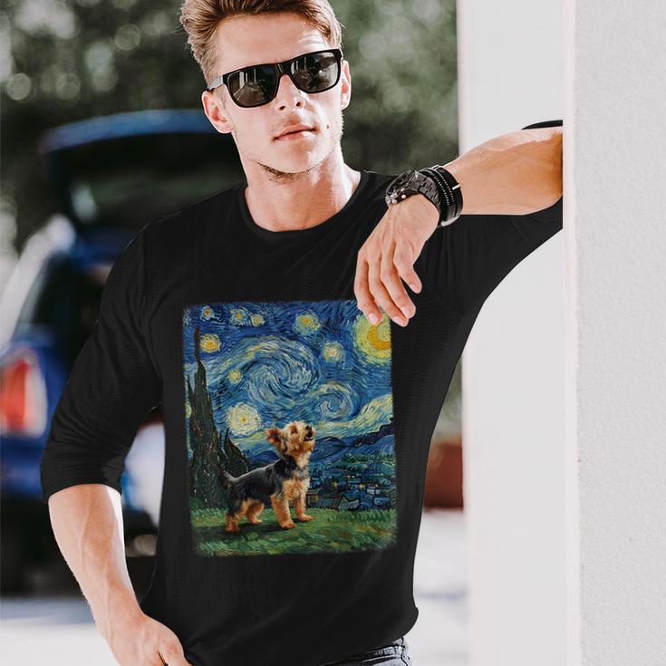 ヨークシャーテリア ハウリングムーン 星月夜 ゴッホ 面白い 長袖Tシャツ 彼への贈り物