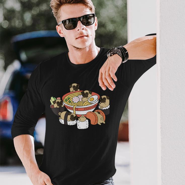 ラーメン寿司パグ犬 長袖Tシャツ 彼への贈り物