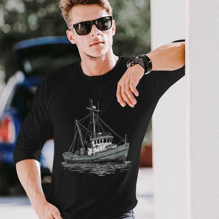 ヴィンテージ漁船 海 レトロ 船 漁師 イラスト 長袖Tシャツ 彼への贈り物