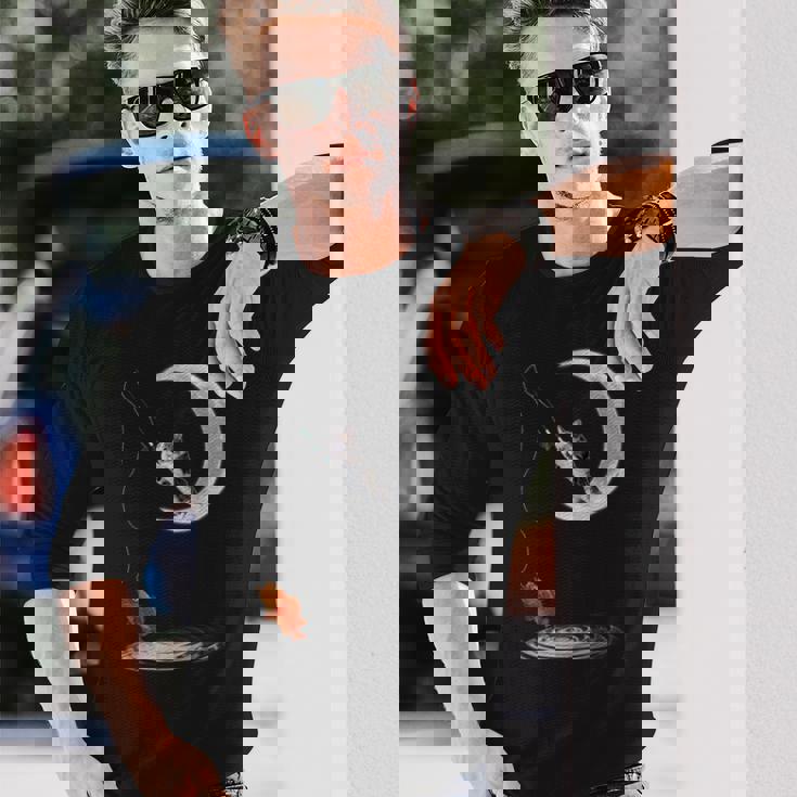 三日月で釣りをする猫 面白い猫愛好家 フィッシャー 長袖Tシャツ 彼への贈り物