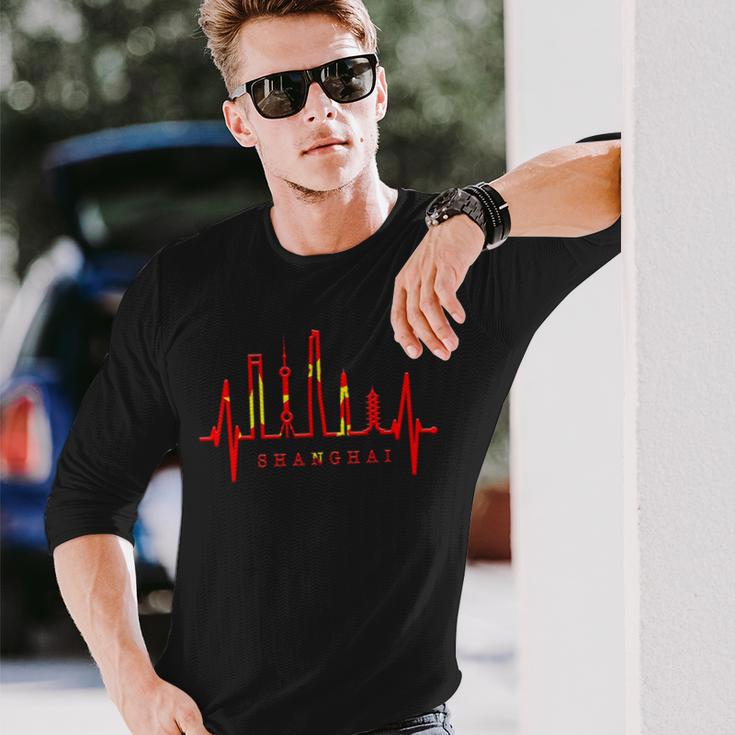 上海スカイライン ハートビート 中国 上海大好きi Lovehanghai China 長袖Tシャツ 彼への贈り物