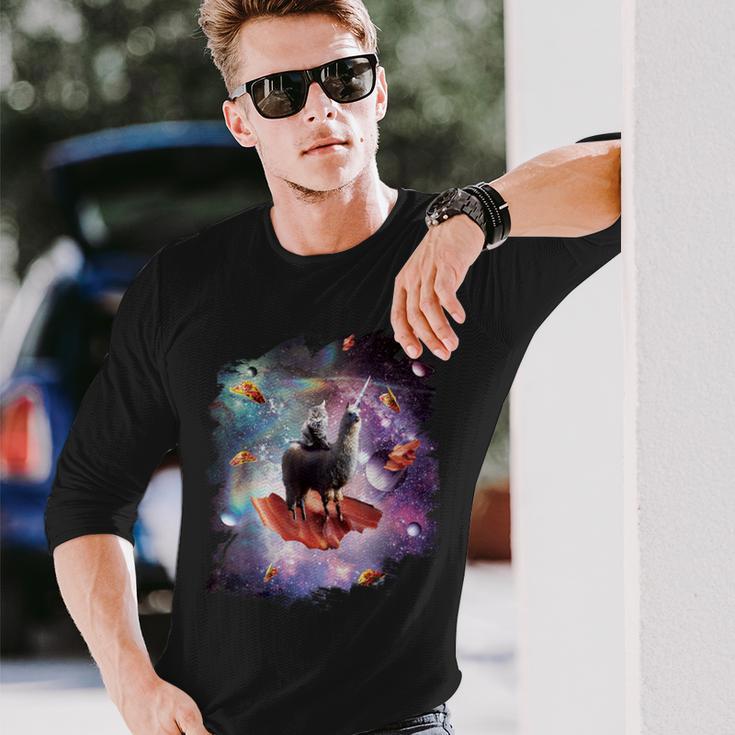 宇宙猫乗馬ユニコーン ラマ ベーコン&タコス 長袖Tシャツ 彼への贈り物