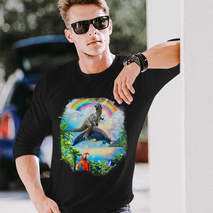 恐竜 ライディング イルカ レインボー イルカ 長袖Tシャツ 彼への贈り物