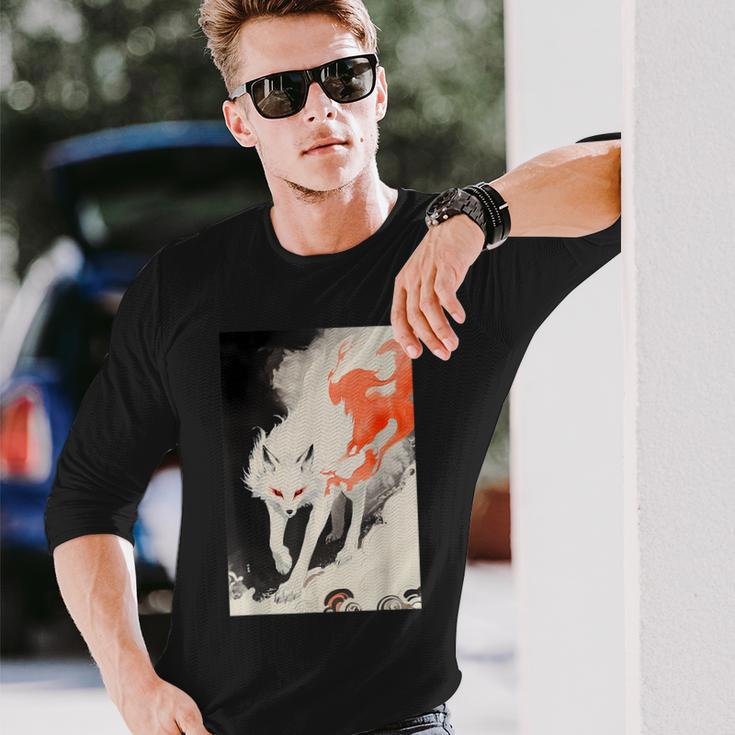 日本 キツネ 妖怪 白狐 幽霊 浮世絵 ヴィンテージ 長袖Tシャツ 彼への贈り物