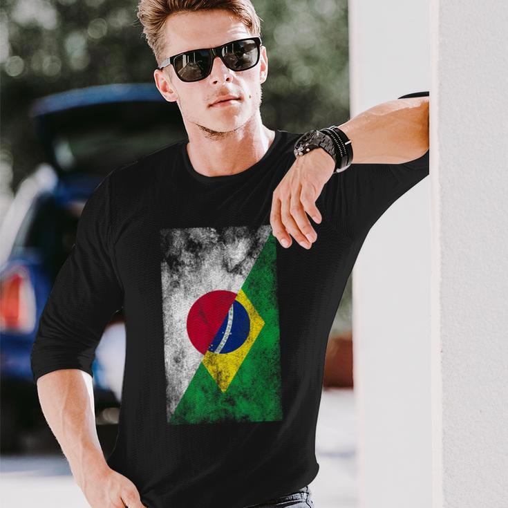 日本とブラジルの国旗 日本ブラジル人 長袖Tシャツ 彼への贈り物
