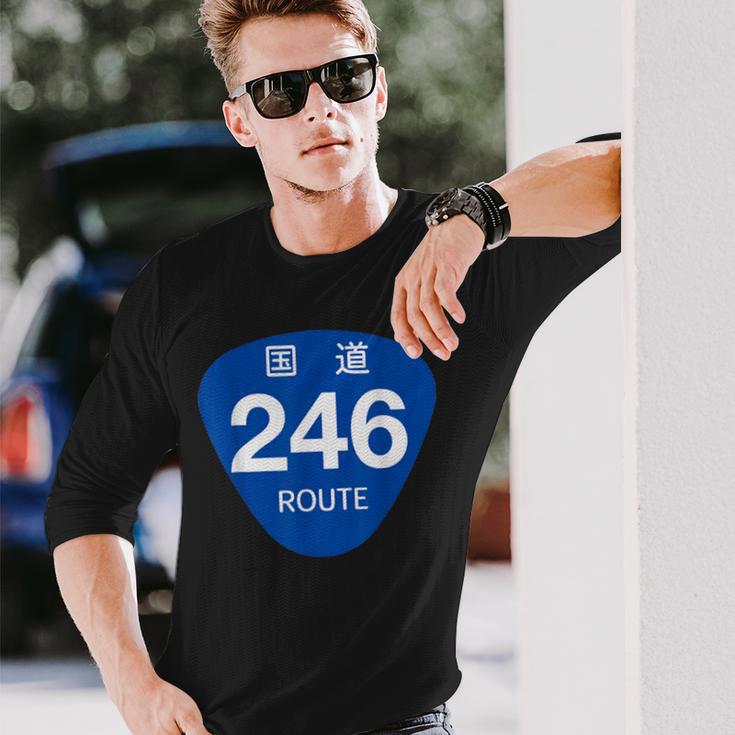 日本の道路標識デザイン国道246号線プリント 長袖Tシャツ 彼への贈り物