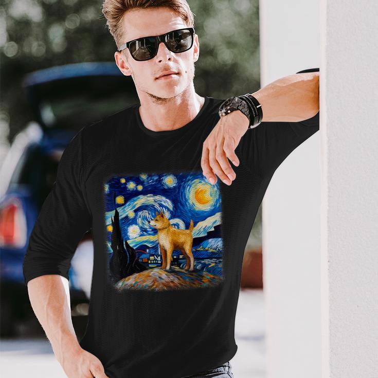 星月夜の犬 ゴッホ 柴犬 長袖Tシャツ 彼への贈り物