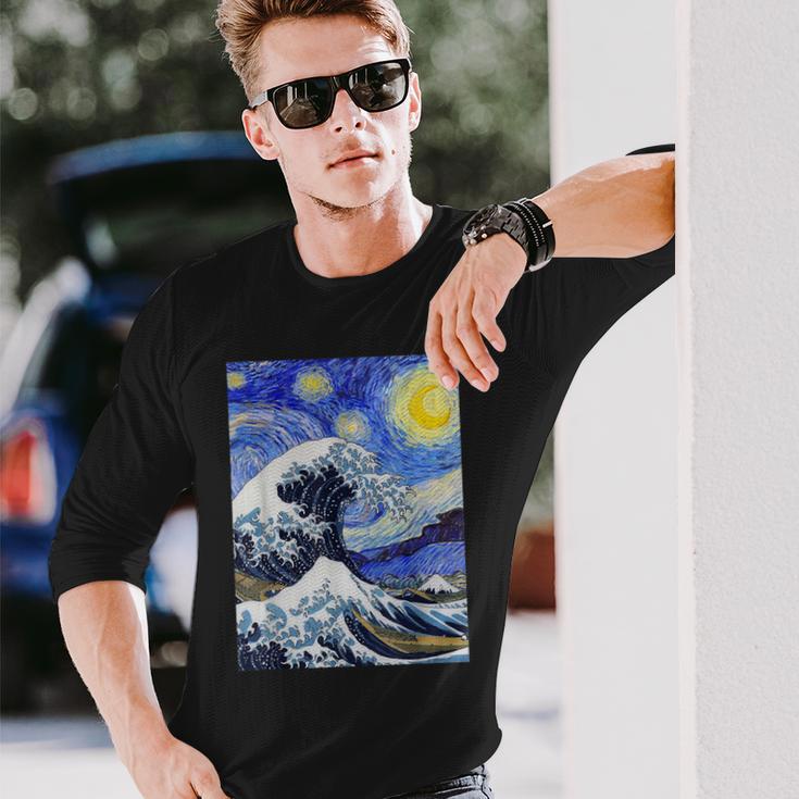 星月夜リメイクとミックスされた神奈川の大波 長袖Tシャツ 彼への贈り物