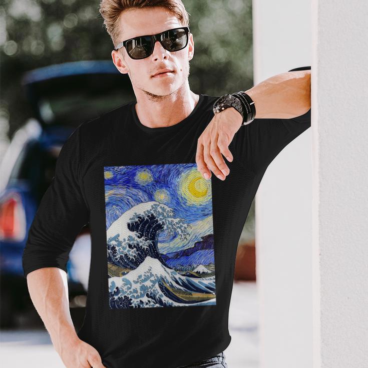 星月夜リメイクとミックスされた神奈川の大波 長袖tシャツ 長袖Tシャツ 彼への贈り物