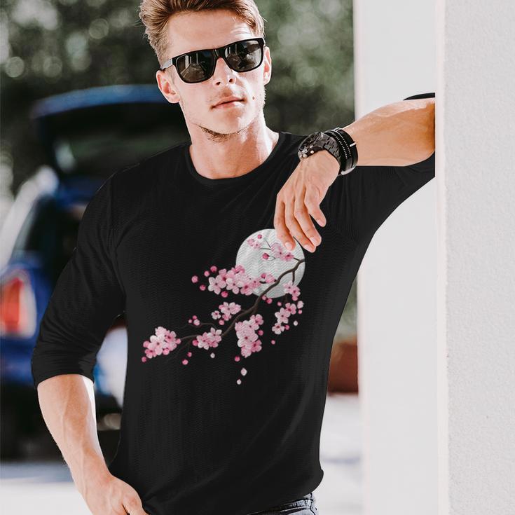 桜の木と月 日本の美しい桜 春 長袖Tシャツ 彼への贈り物