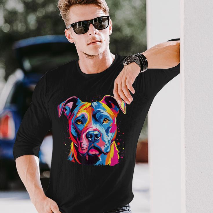 水彩のカラフルなアメリカン ピット ブル テリア犬 長袖Tシャツ 彼への贈り物